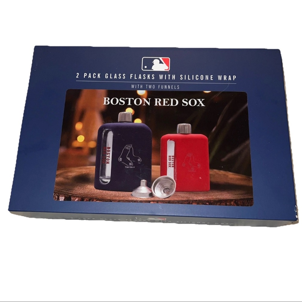 Boston Red Sox 2 pack glass flasks with silicone wrap with two funnels